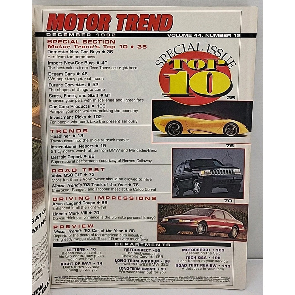 Motor Trend Magazine - December 1992 - Volume 44 Number 12