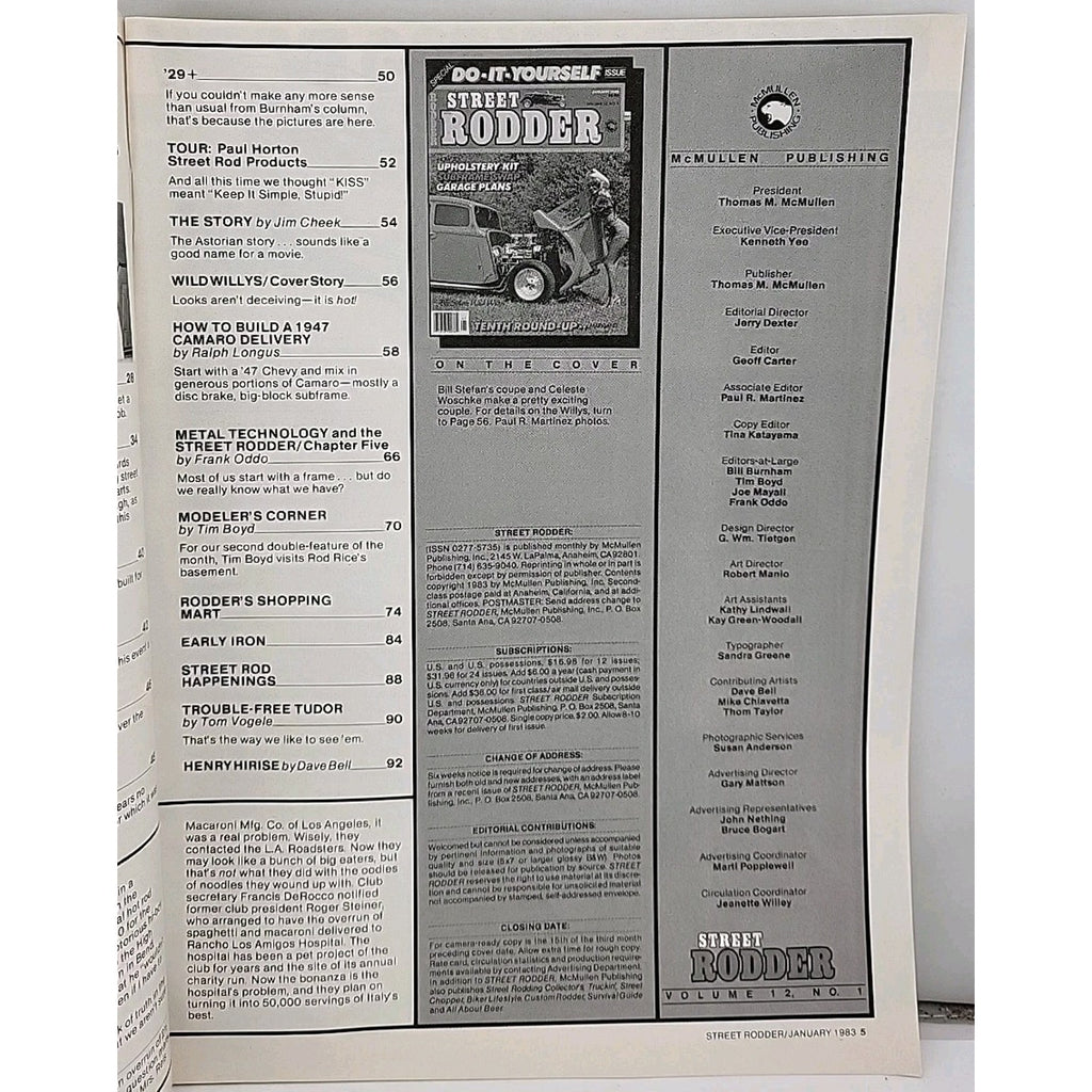 Street Rodder Magazine January 1983 Volume 12 No. 1