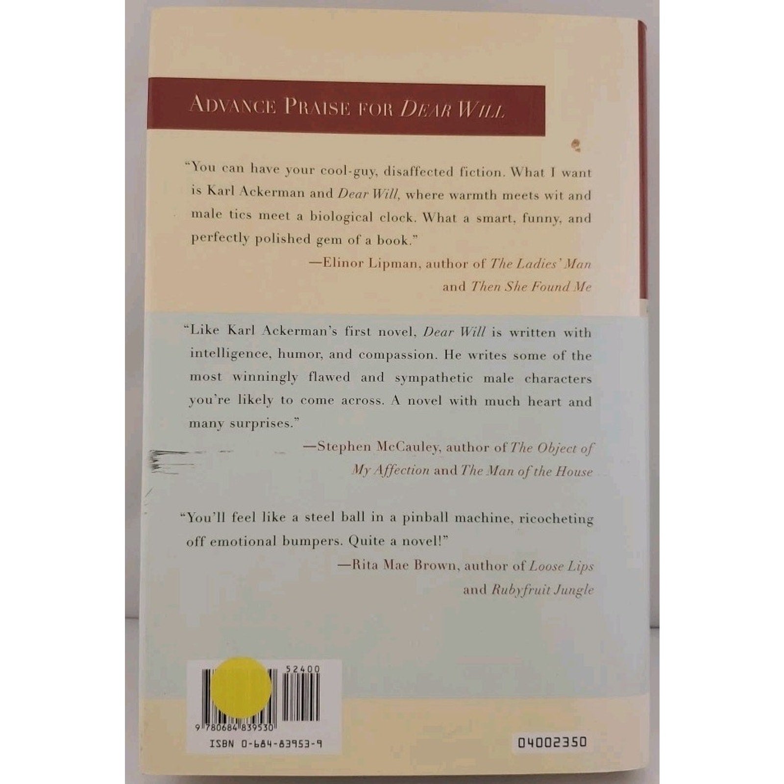 Dear Will : A Novel by Karl Ackerman (2000, Hardcover)