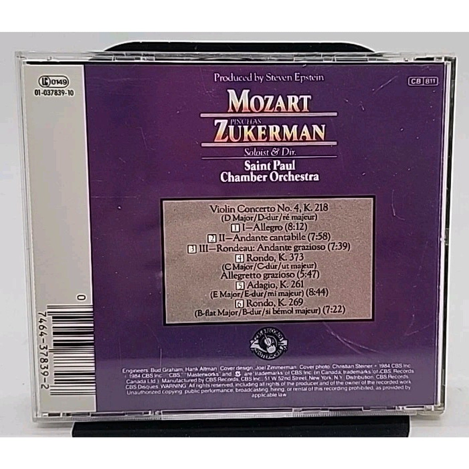 Mozart Violin Concerto No. 4 K.218 in D Major - Zukerman - CD - MK37839