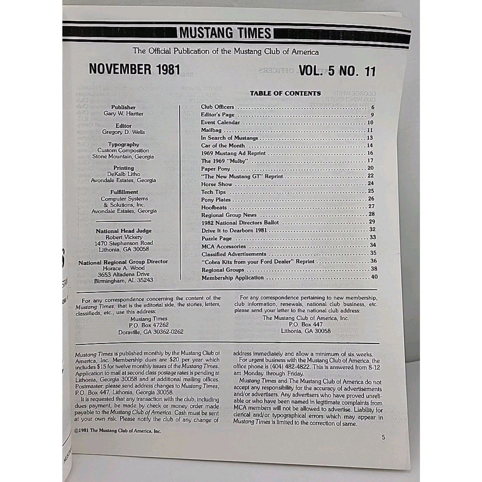 Mustang Times Magazine - Mustang Club Of America - November 1981 - Vol. 5 No. 11