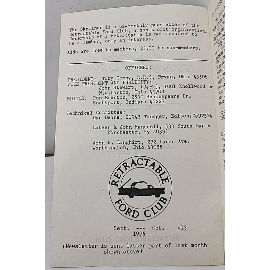 The Skyliner Newsletter - Retractable Ford Club - September-October #13 1975