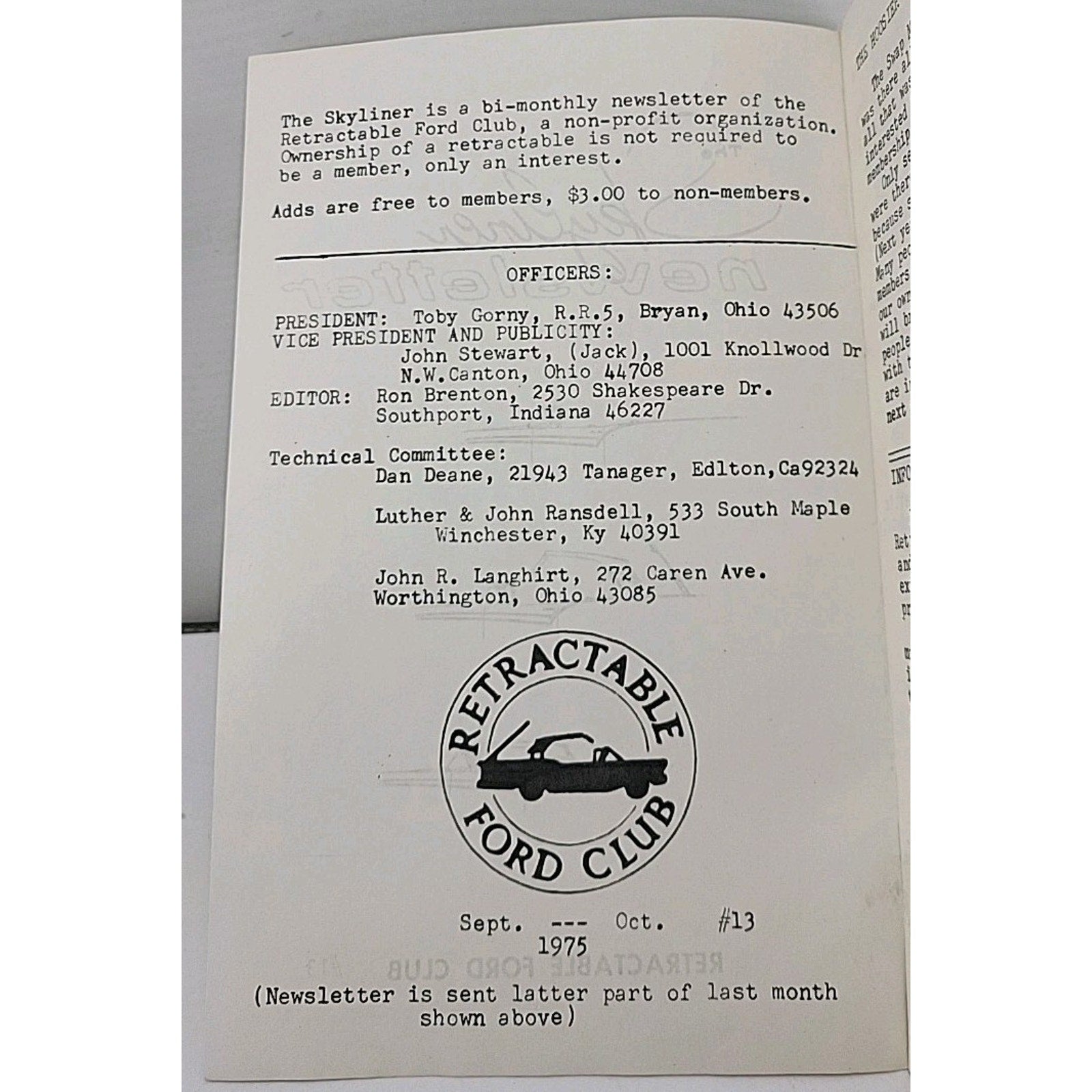 The Skyliner Newsletter - Retractable Ford Club - September-October #13 1975
