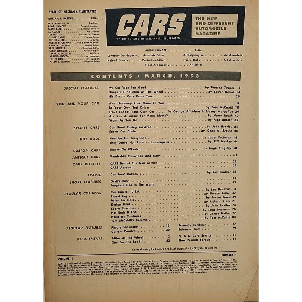 Cars Magazine - Mechanix Illustrated - March 1953 - Volume 1 Number 1