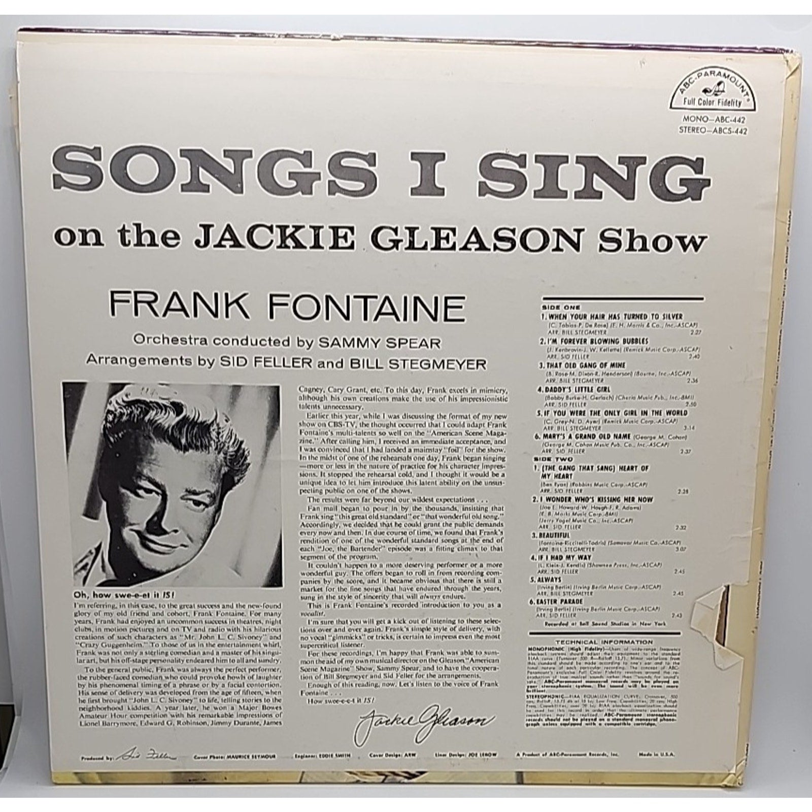 Frank Fontaine- Songs I Sing On The Jackie Gleason Show ABC 442 (Record)