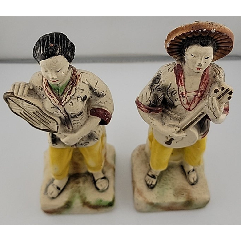 Pair of Vintage Japanese Asian Chalk Ware Chalkware Figures Figurines Musician