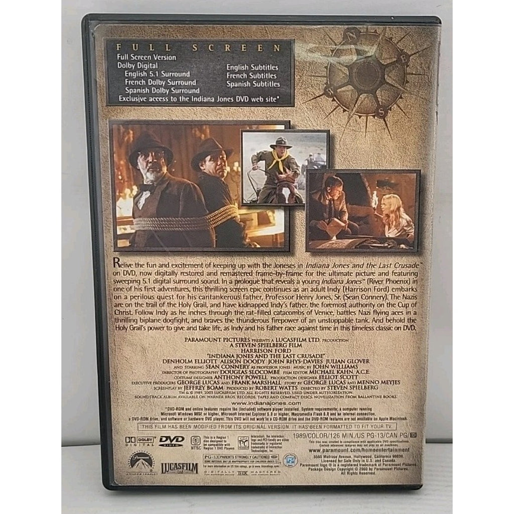 Indiana Jones and the Last Crusade (DVD, 1989,Fullscreen)