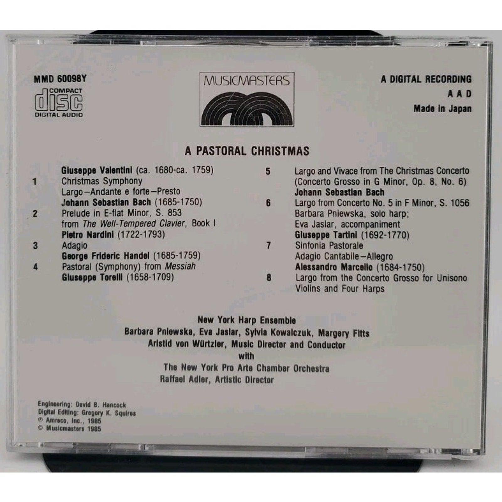 A Pastoral Christmas CD. MMD 60098Y New York Harp Ensemble Artists Von Wuttzler