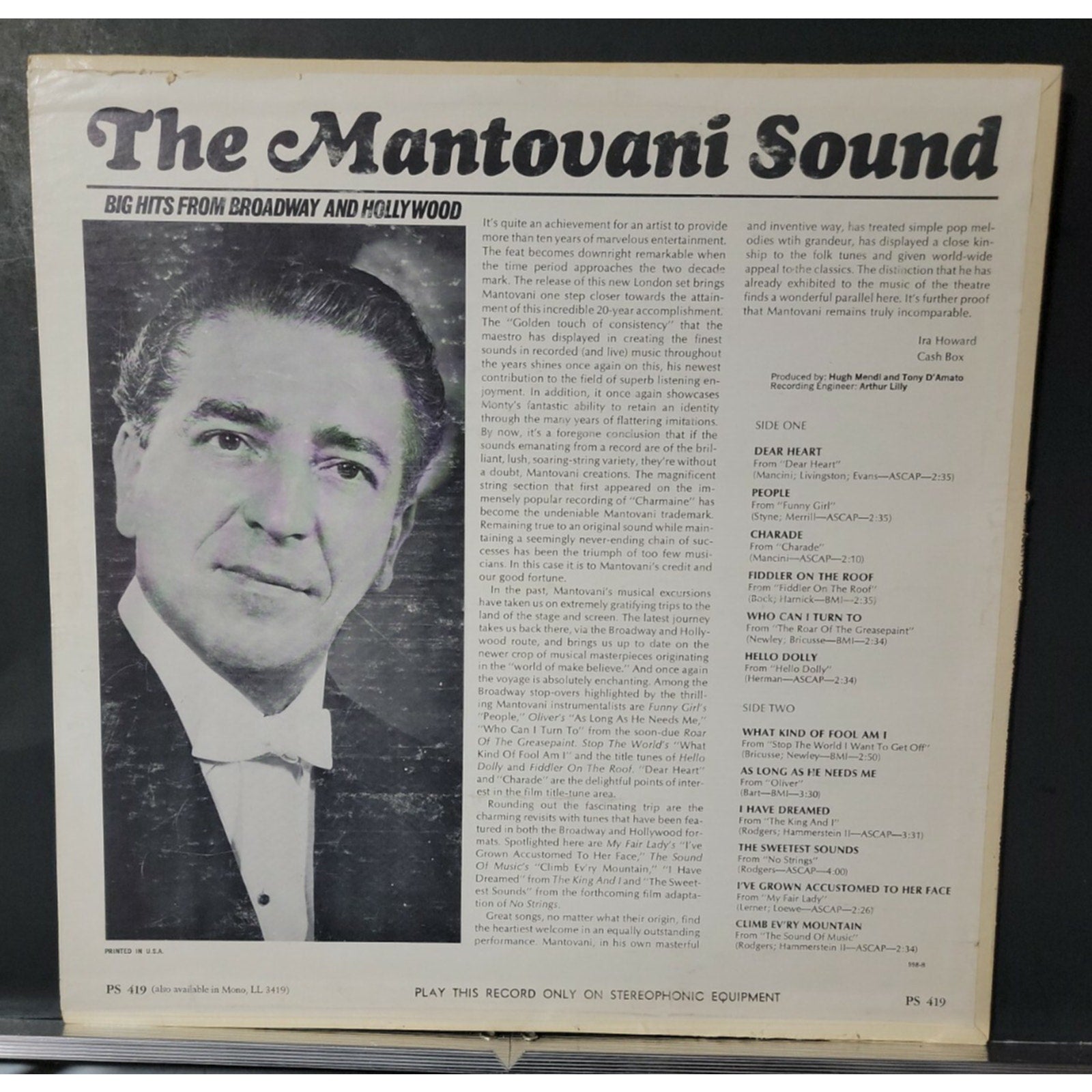 Mantovani And His Orchestra ‎– The Mantovani Sound-Big Hits From Broadway And Ho