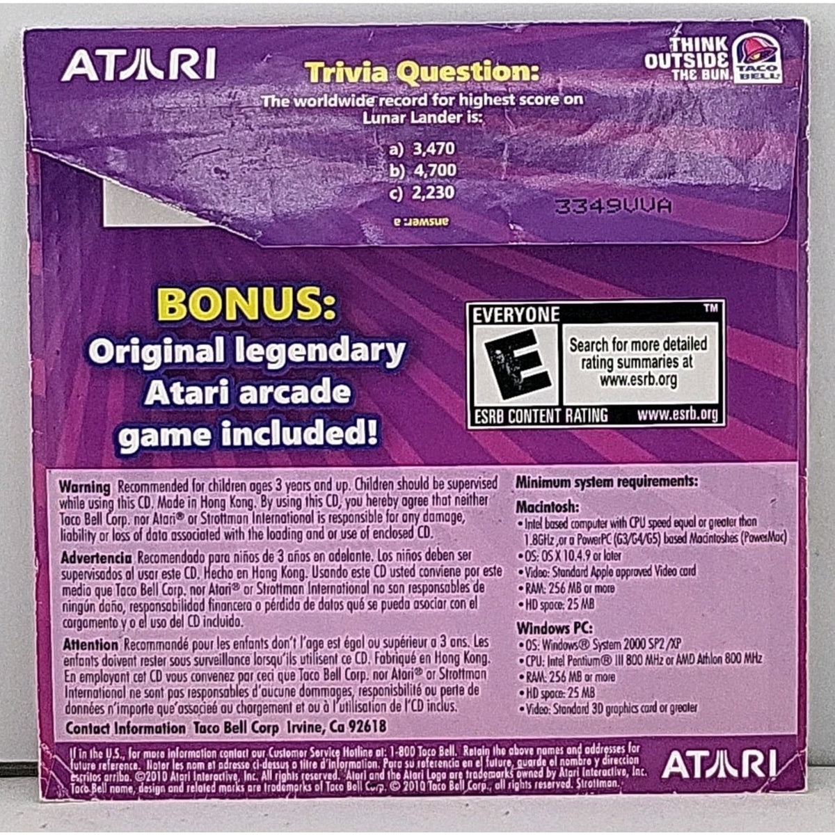 Promo Taco Bell Atari Video Game