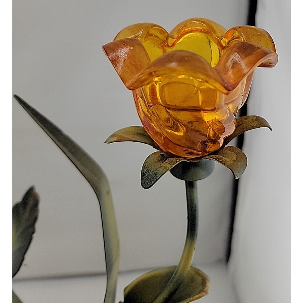 Amber Flower Candle Holder Approx 15" Tall Orange Leaf