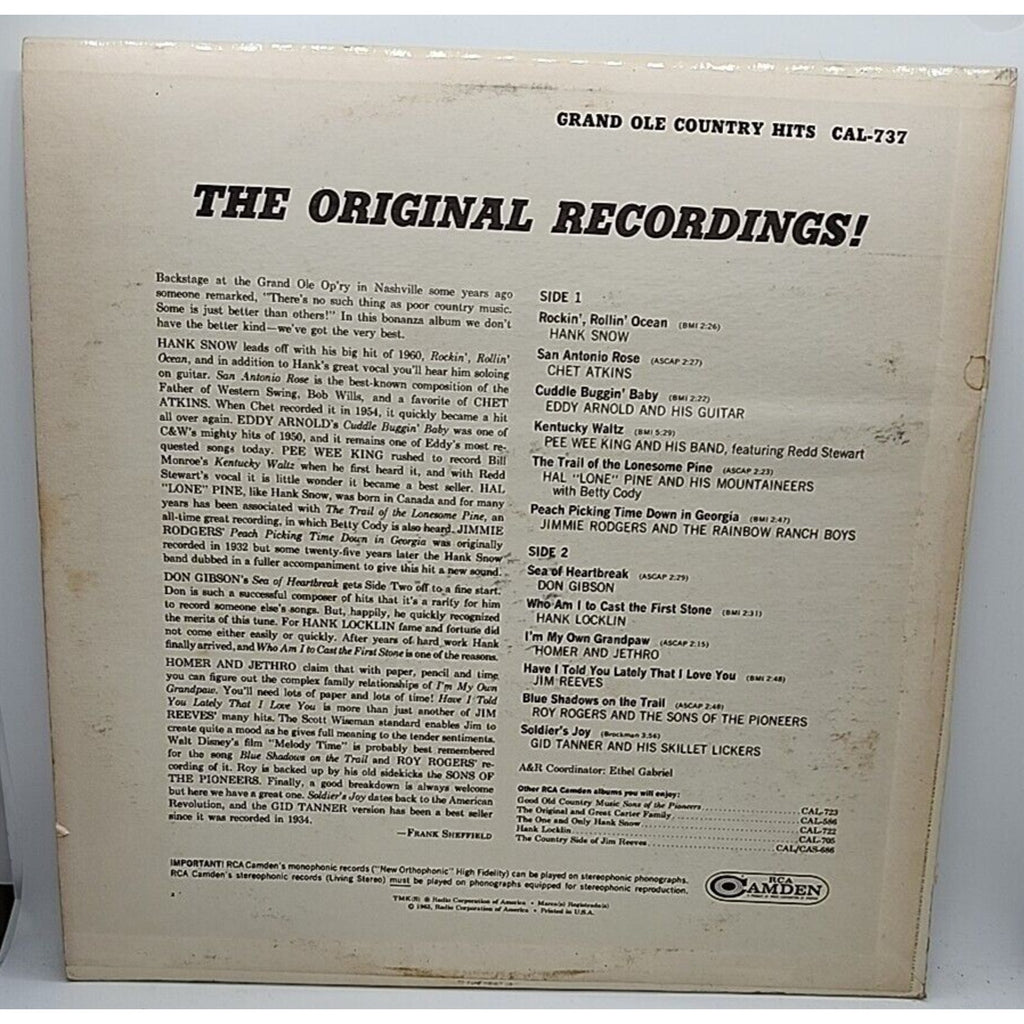 Grand Ole Country Hits - Various Artists - CAL 737 - Chet Atkins (Record)