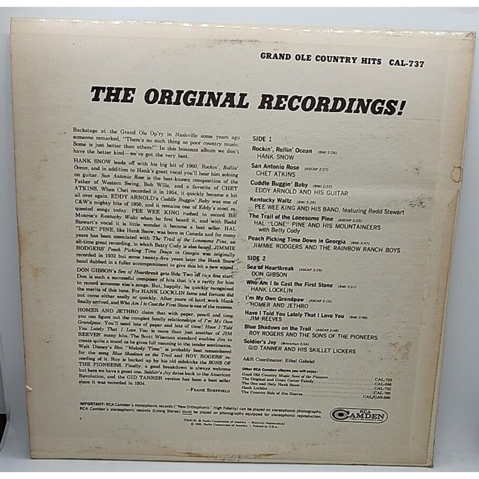 Grand Ole Country Hits - Various Artists - CAL 737 - Chet Atkins (Record)