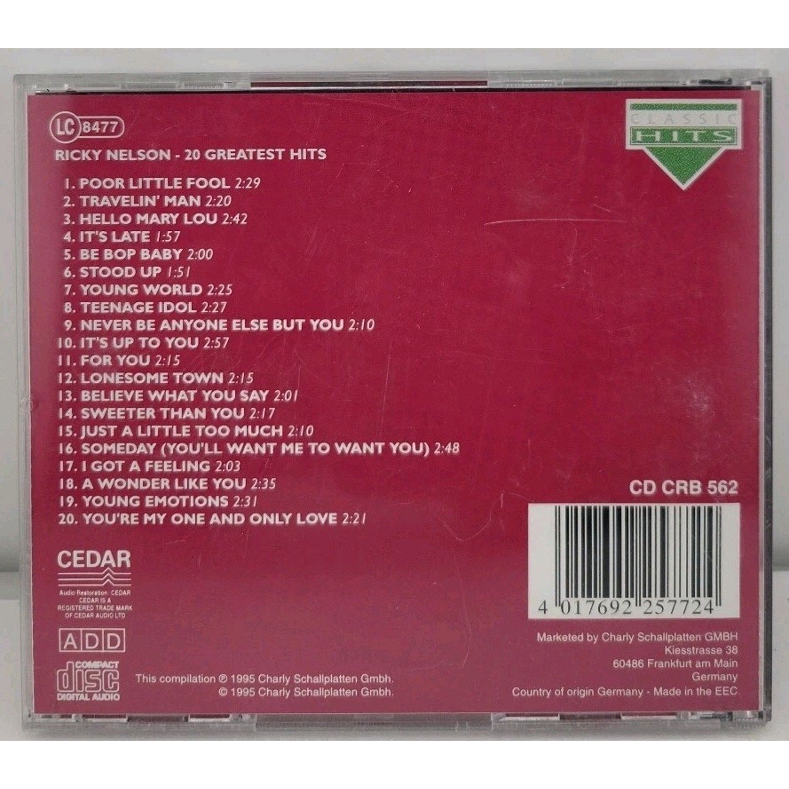 Ricky Nelson 20 Greatest Hits CD Album Classic Hits