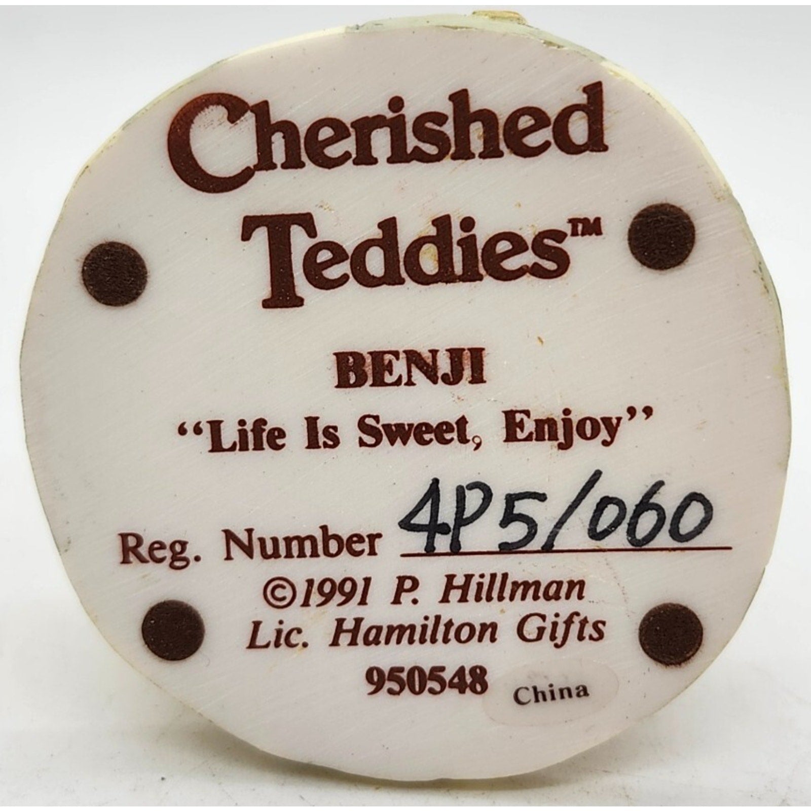 1991 Enesco Cherished Teddies Benji "Life Is Sweet, Enjoy" 950548