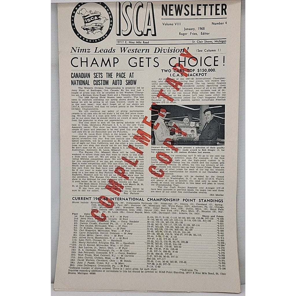 ISCA Newsletter January 1968 Volume VIII Number 4