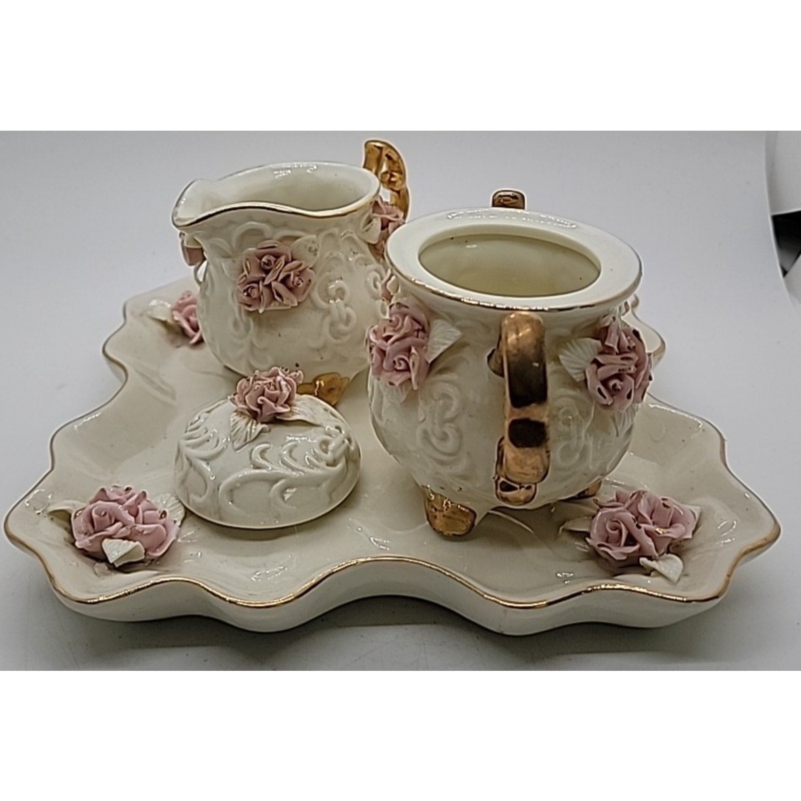 Cracker Barrel Ivory Porcelain 4pc Tea Set Pink Roses & Gold Trim
