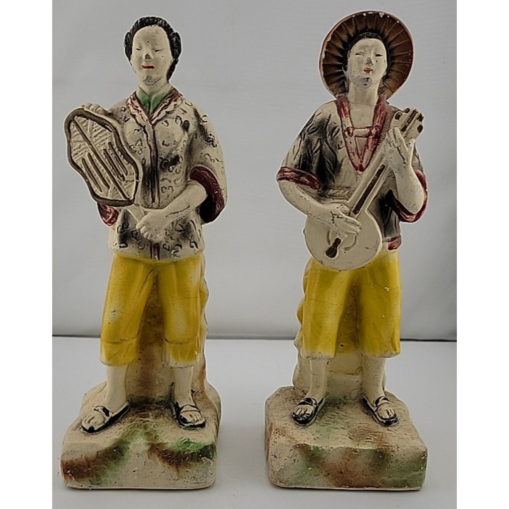 Pair of Vintage Japanese Asian Chalk Ware Chalkware Figures Figurines Musician