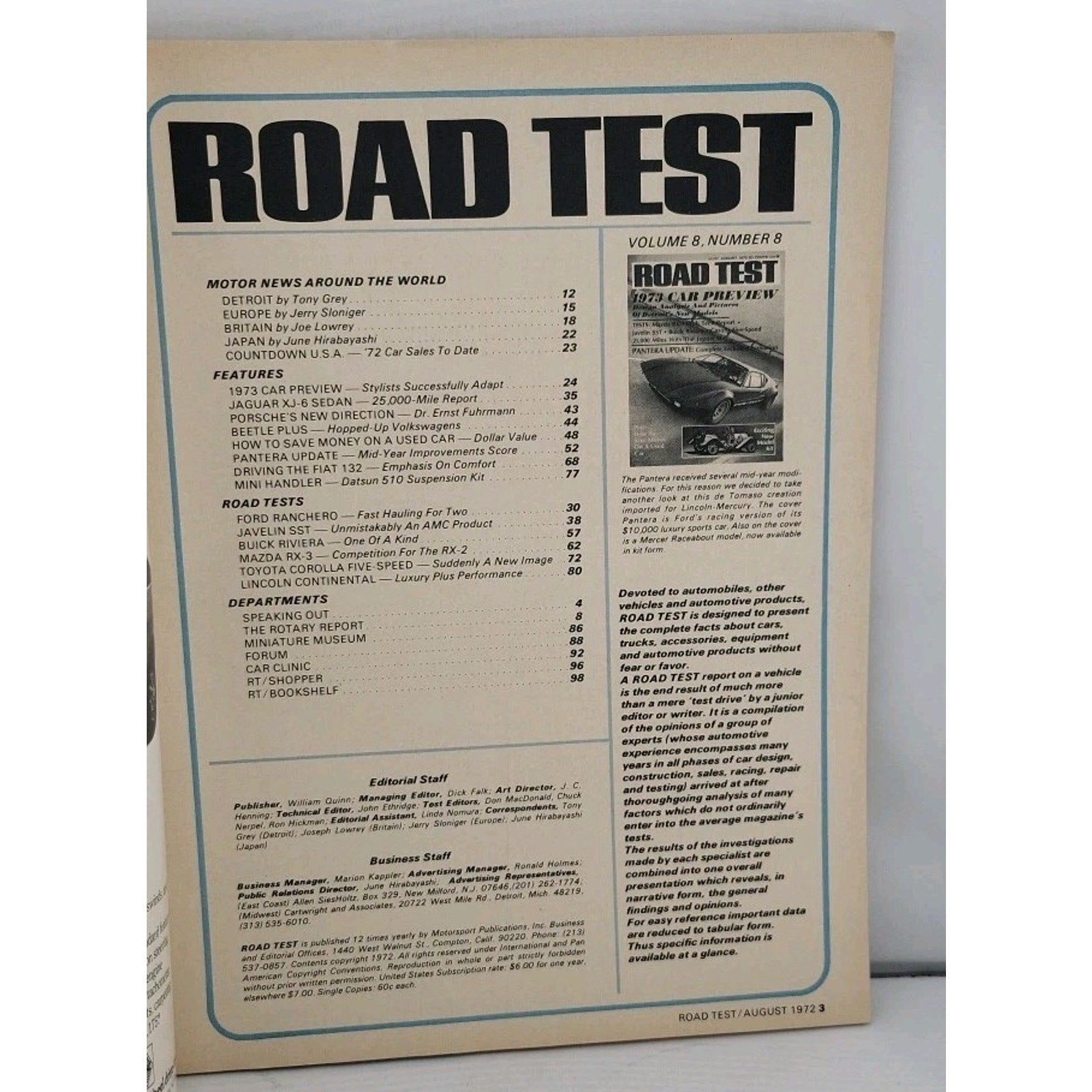 Road Test Magazine AUGUST 1972 Pantera Update, Corolla 5-Speed, Javelin SST