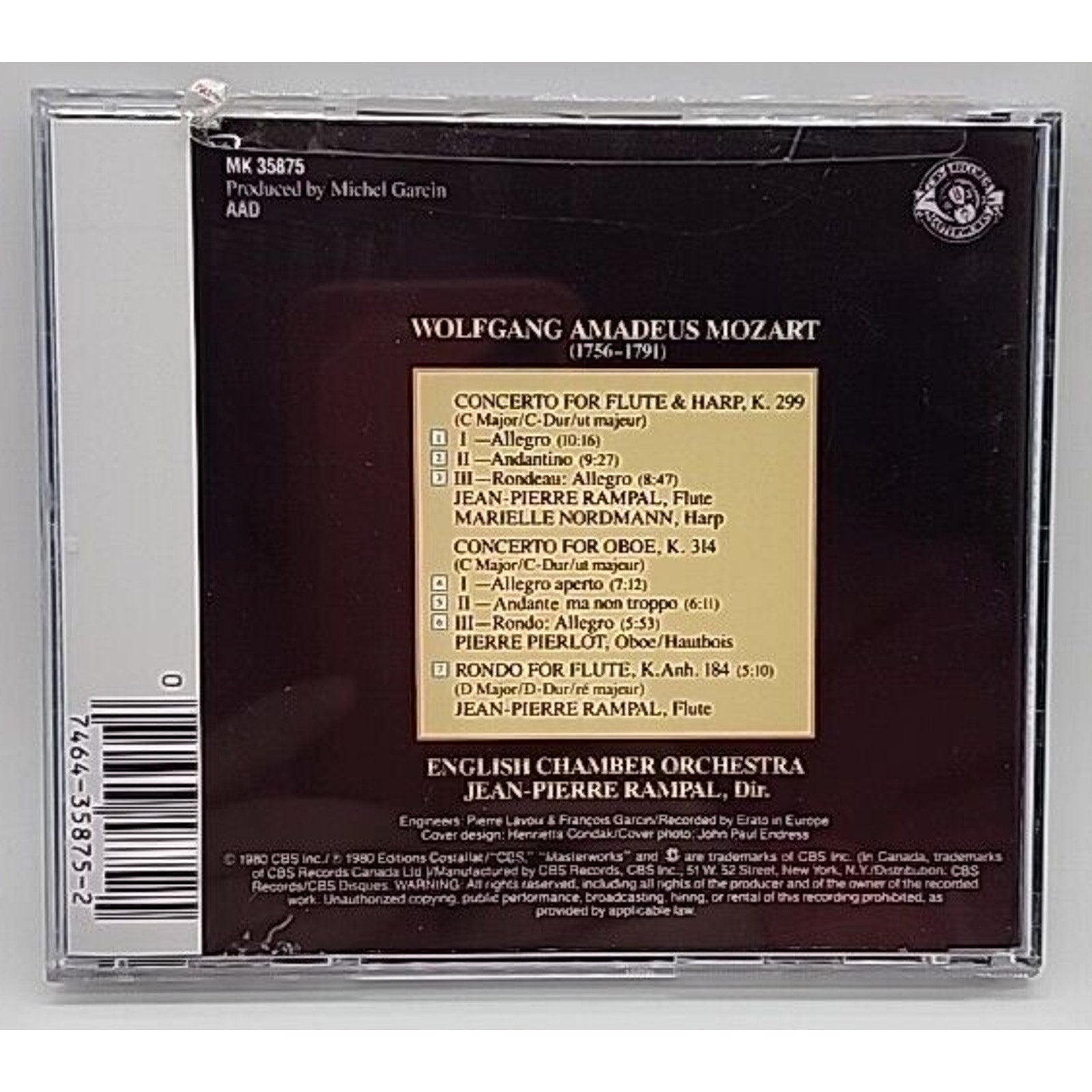 Concertos for Oboe, Flute, & Harp by Mozart / Rampal / Eco (CD, 1987)