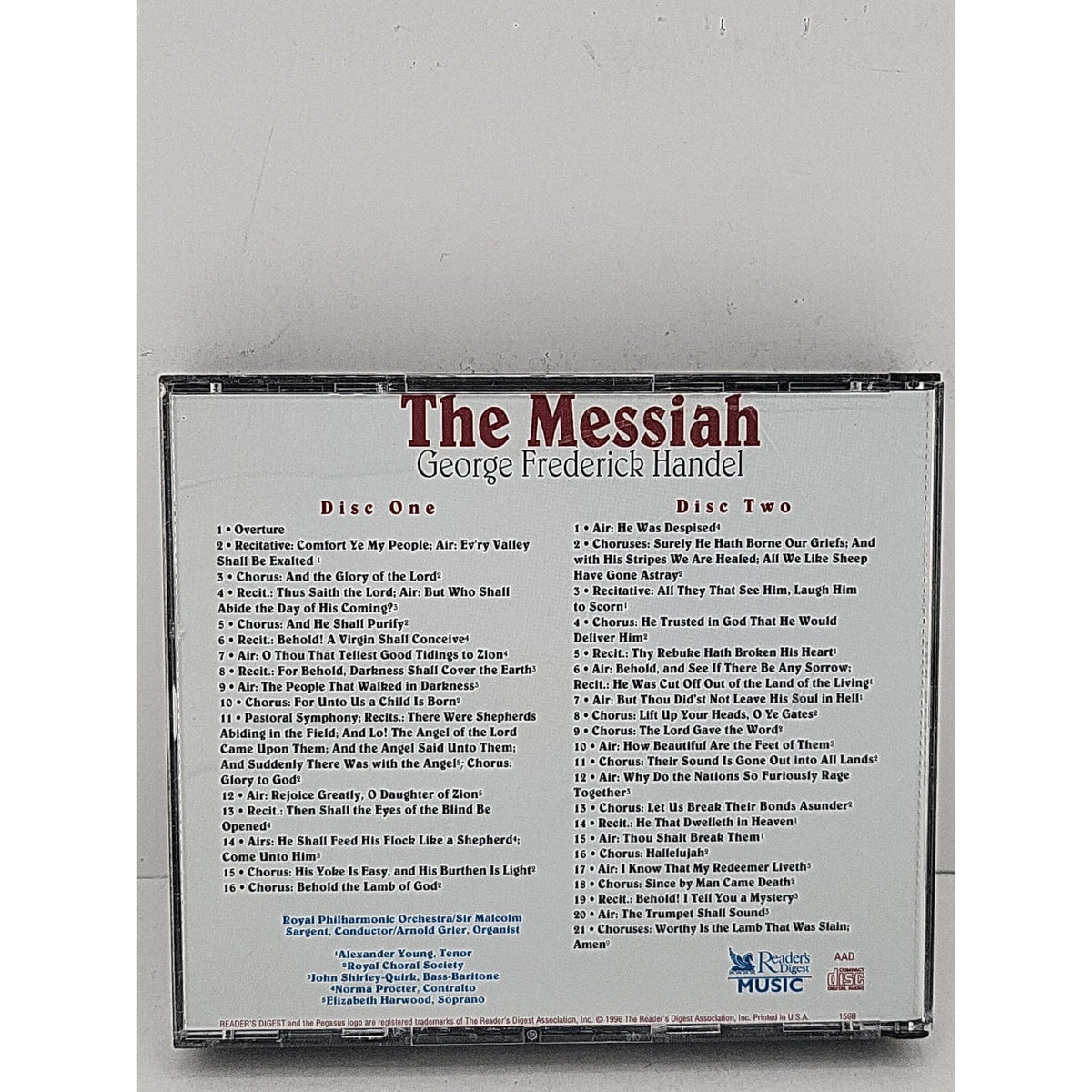 The Messiah George Frederick Handel CD 2-Disc 1996 Reader's Digest