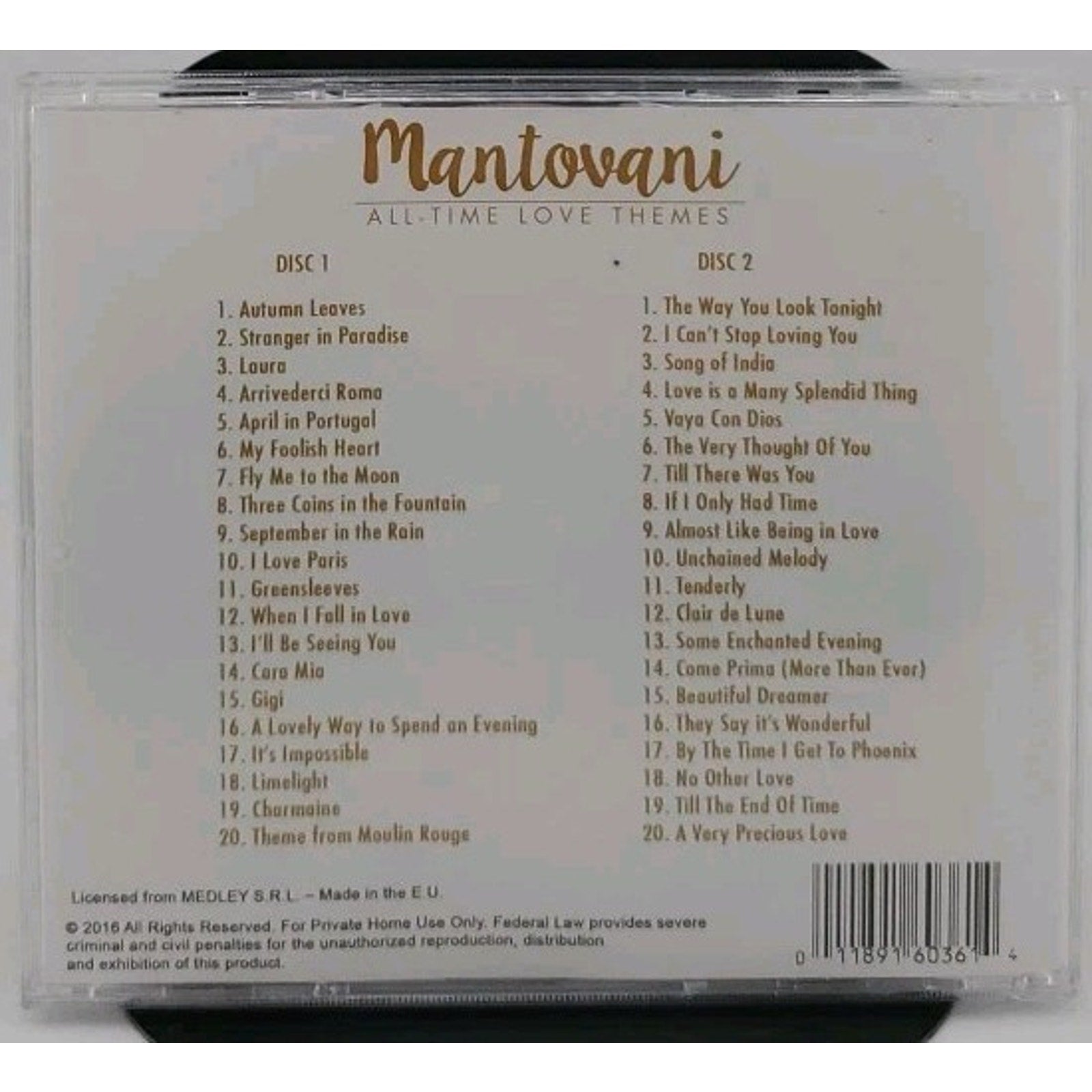 Mantovani All Time Love Themes 2-Disc 40 Songs CD