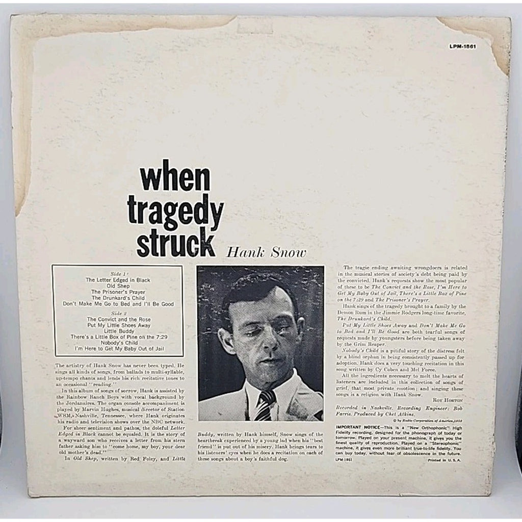 1957 Hank Snow When Tragedy Struck Mono LP RCA Victor LPM 1861 Country