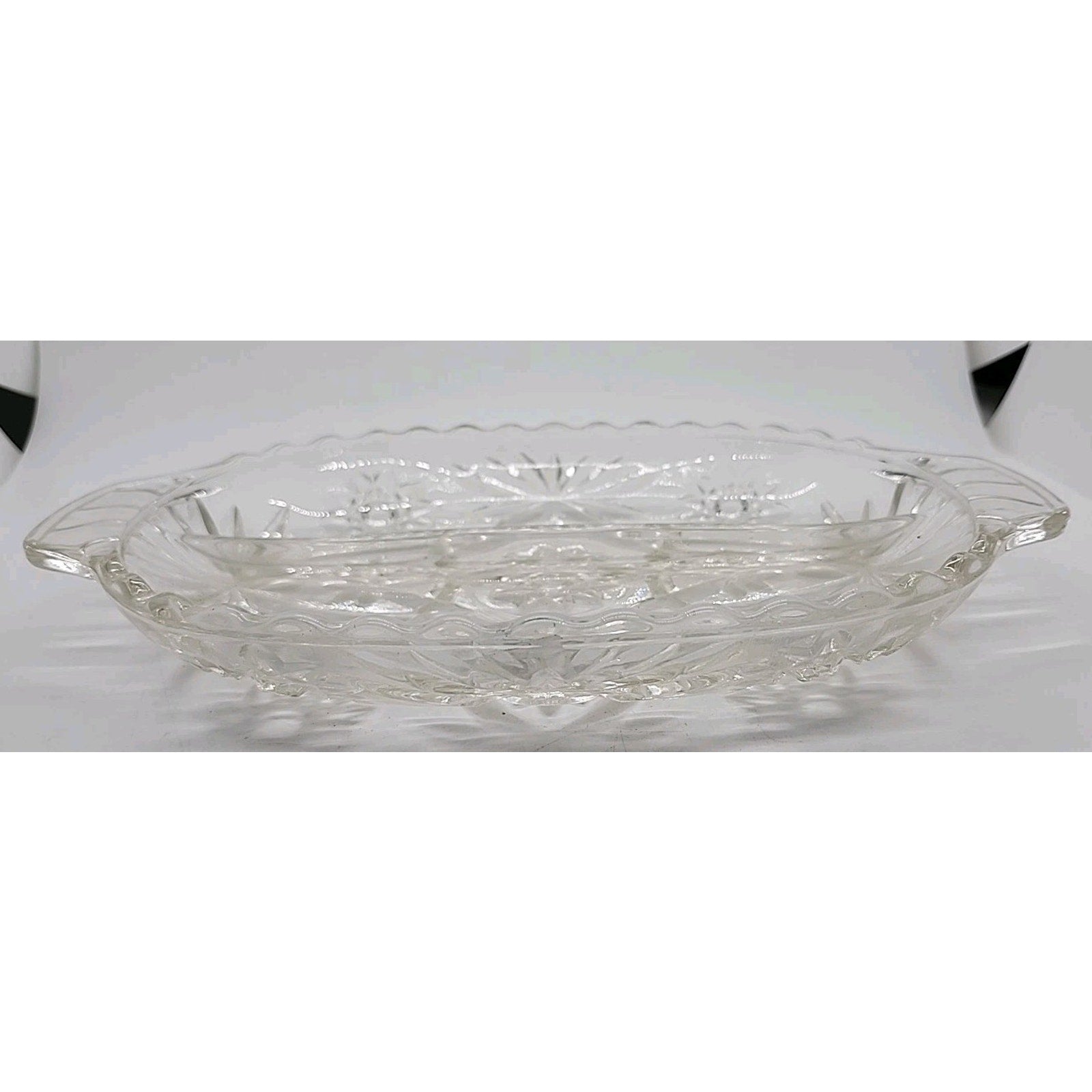 Vintage Anchor Hocking Prescut Star David Handle 2 Part Relish Clear Glass Dish