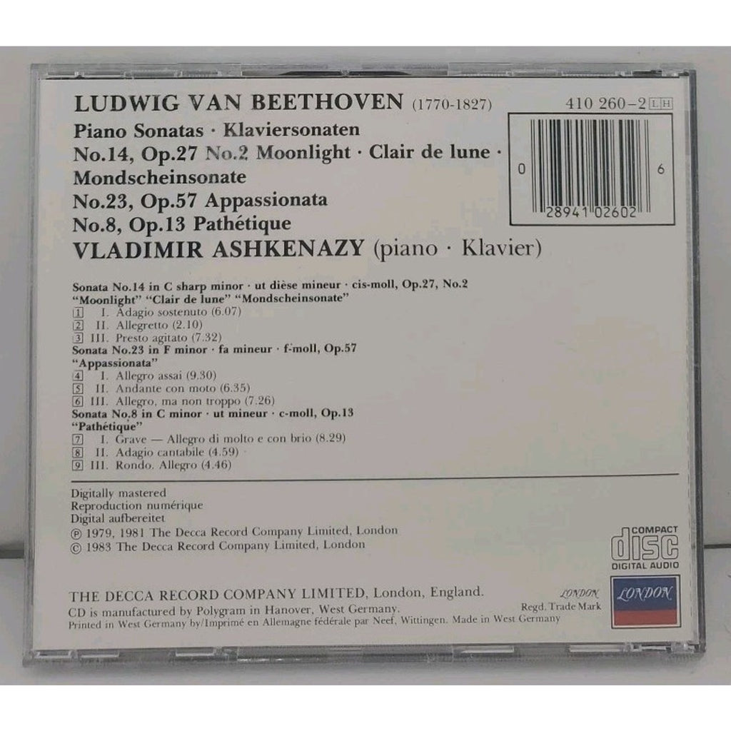 Piano Sonatas 8 Pathetique 14 Moonlight by Vladimir Ashkenazy (CD, 1990)