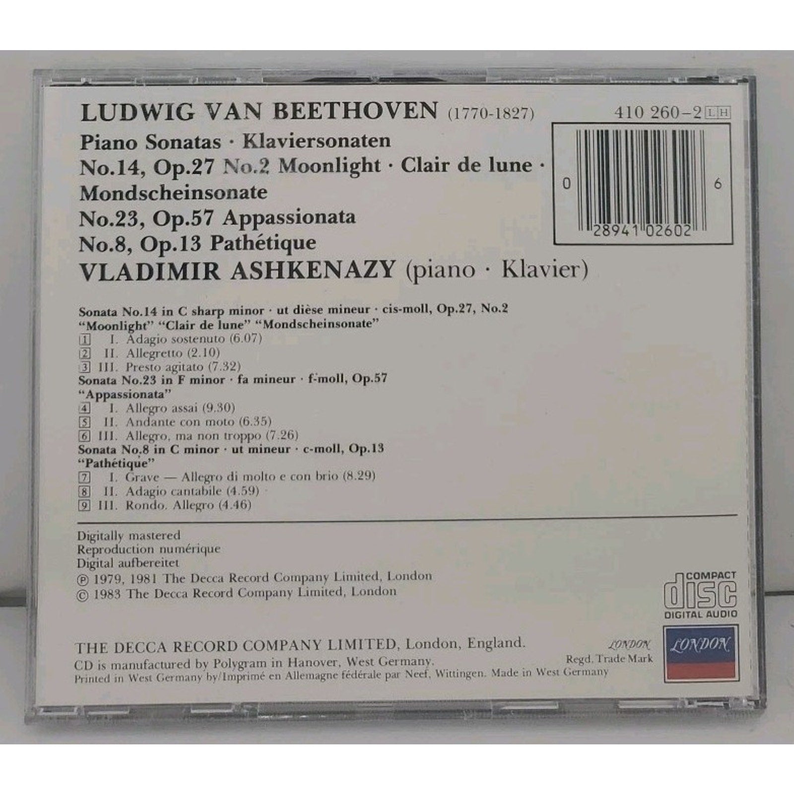 Piano Sonatas 8 Pathetique 14 Moonlight by Vladimir Ashkenazy (CD, 1990)