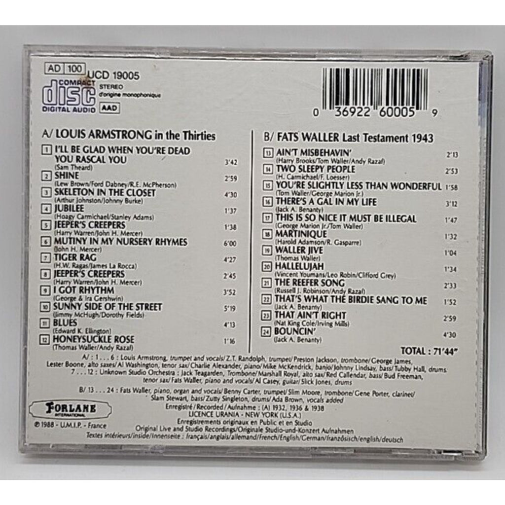 Louis Armstrong in 30s Waller Last Testament 1943 (CD 1988 Forlane France)
