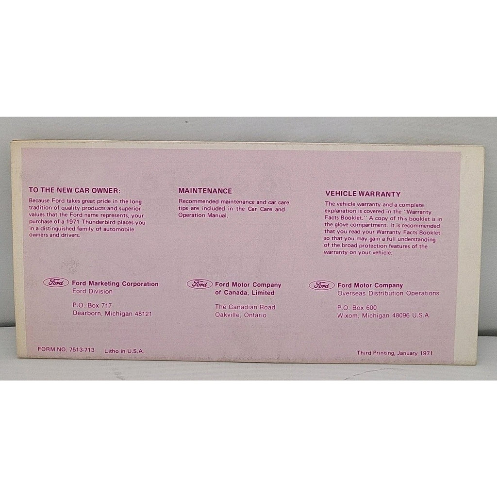 1971 Ford Thunderbird Operating Features Owners Manual