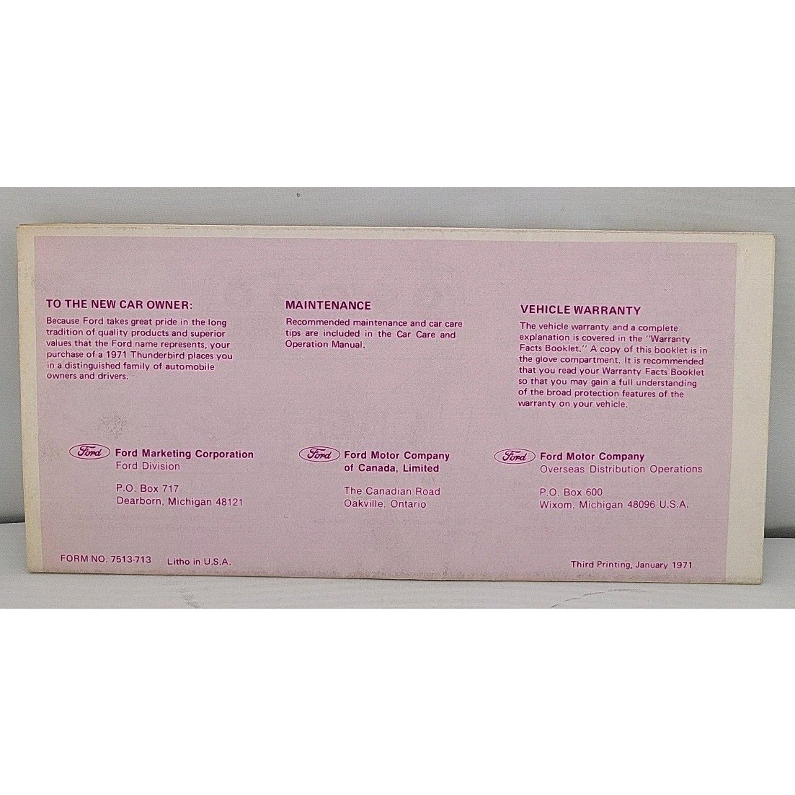 1971 Ford Thunderbird Operating Features Owners Manual