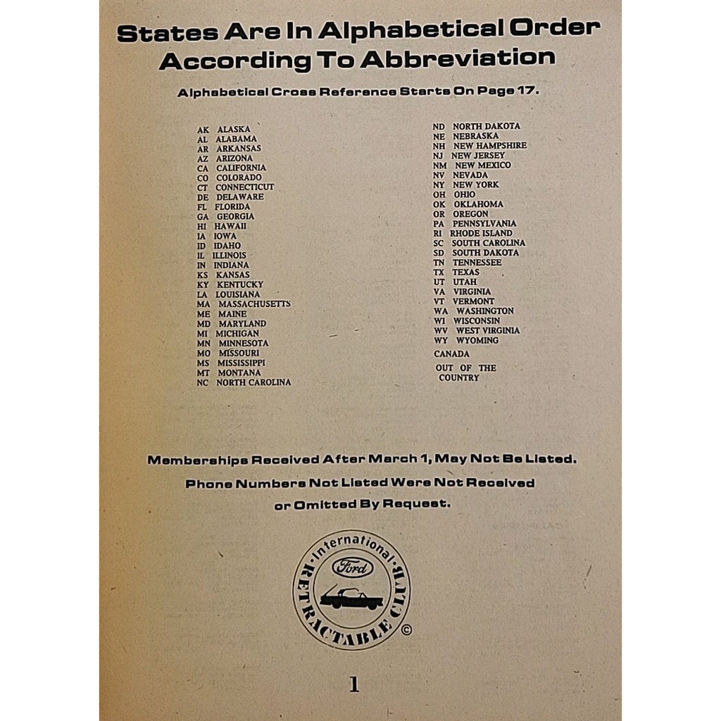International Ford Retractable Club - 1983 Membership Roster
