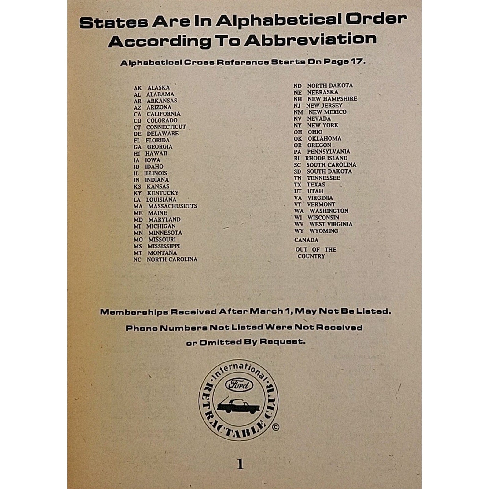 International Ford Retractable Club - 1983 Membership Roster