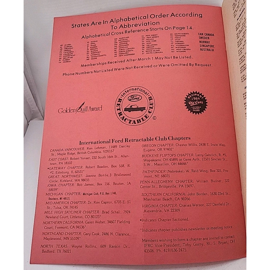 International Ford Retractable Club - 1985 Membership Roster