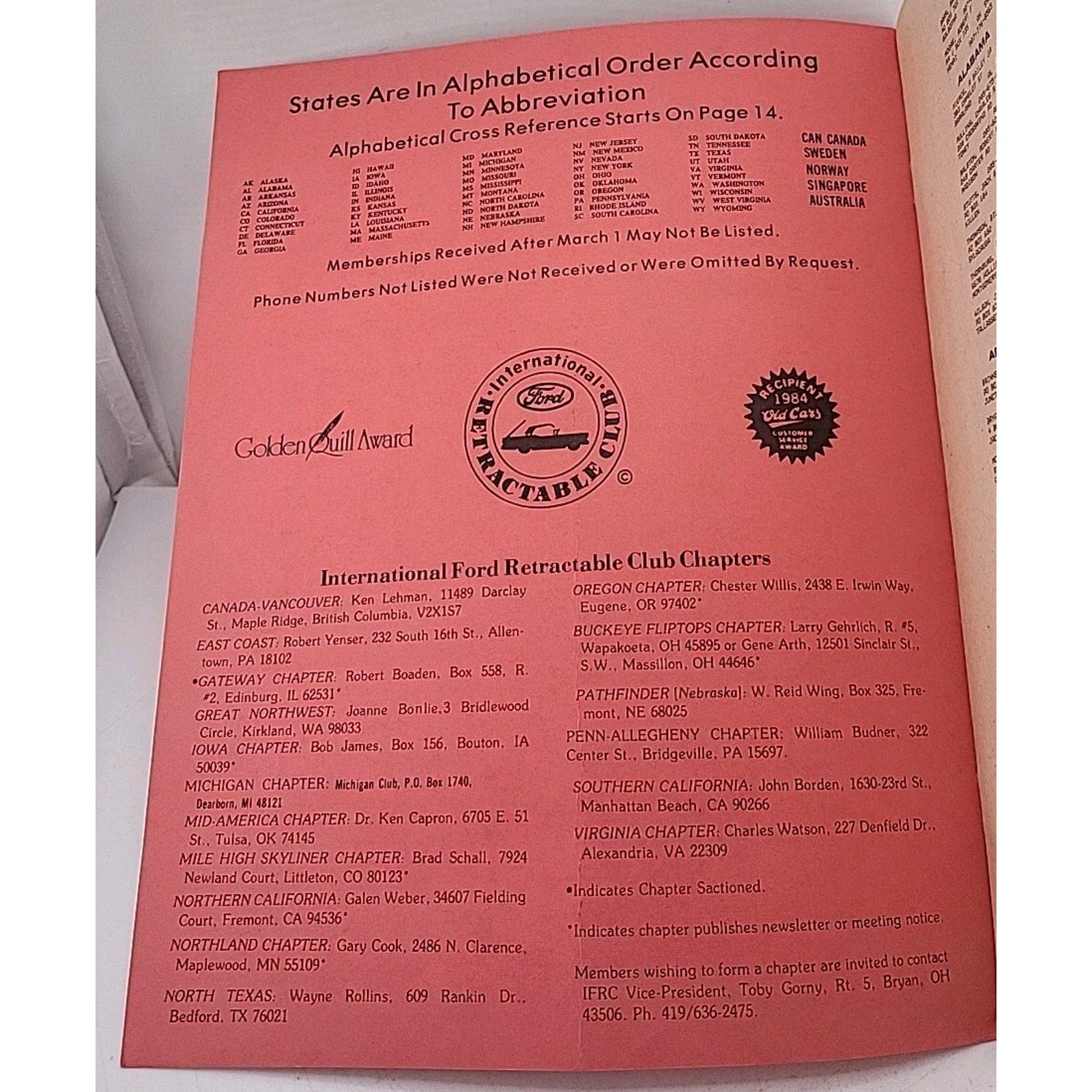 International Ford Retractable Club - 1985 Membership Roster