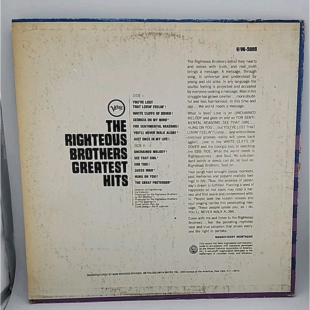 "The Righteous Brothers Greatest Hits" - 33RPM Vinyl - Verve VS 5020 - 1967