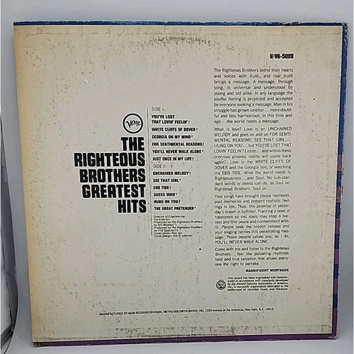 "The Righteous Brothers Greatest Hits" - 33RPM Vinyl - Verve VS 5020 - 1967