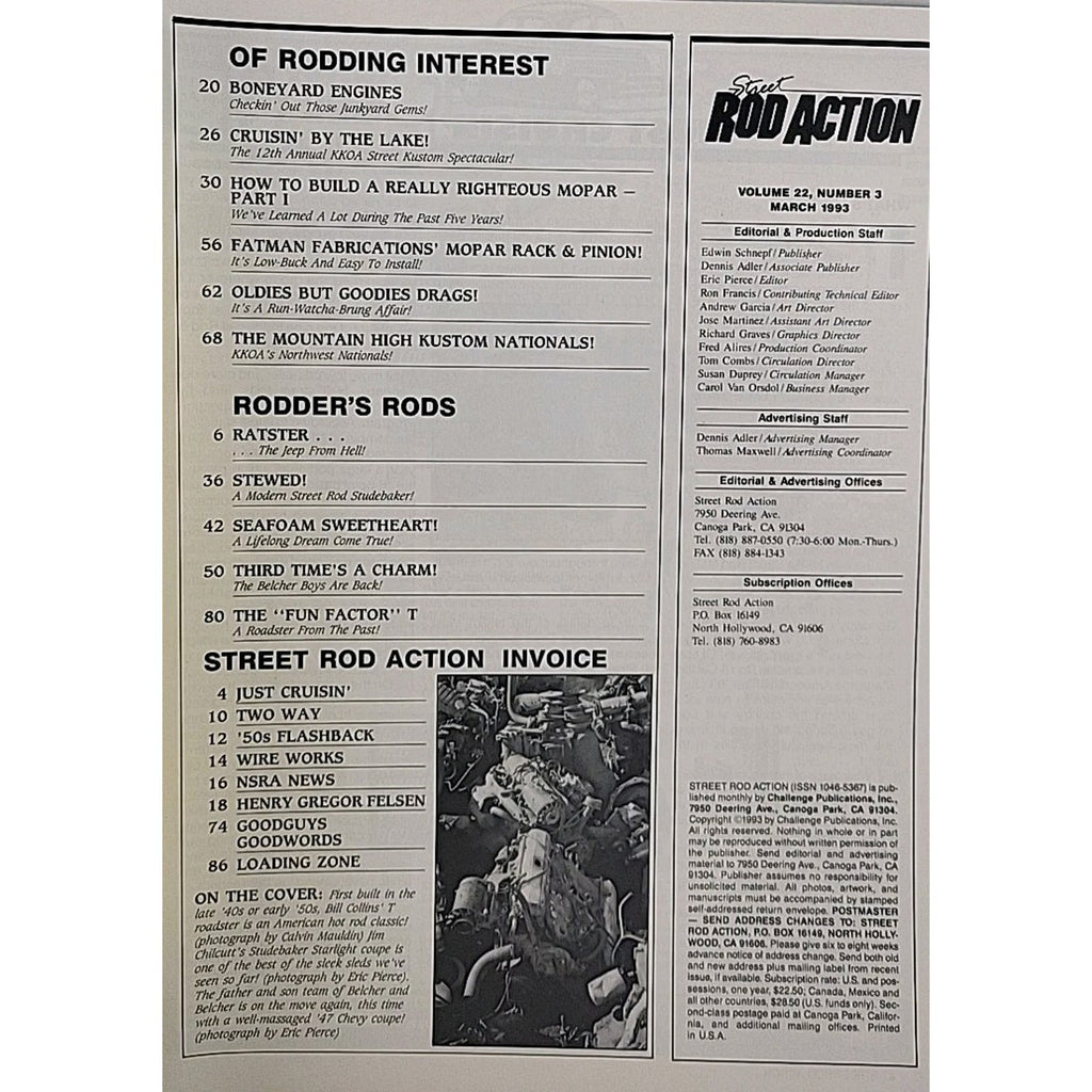 Street Rod Action Magazine March 1993 Volume 22 Number 3