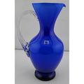 Contemporary Studio Art Glass Cobalt Blue Applied Clear Handle Vase Pitcher