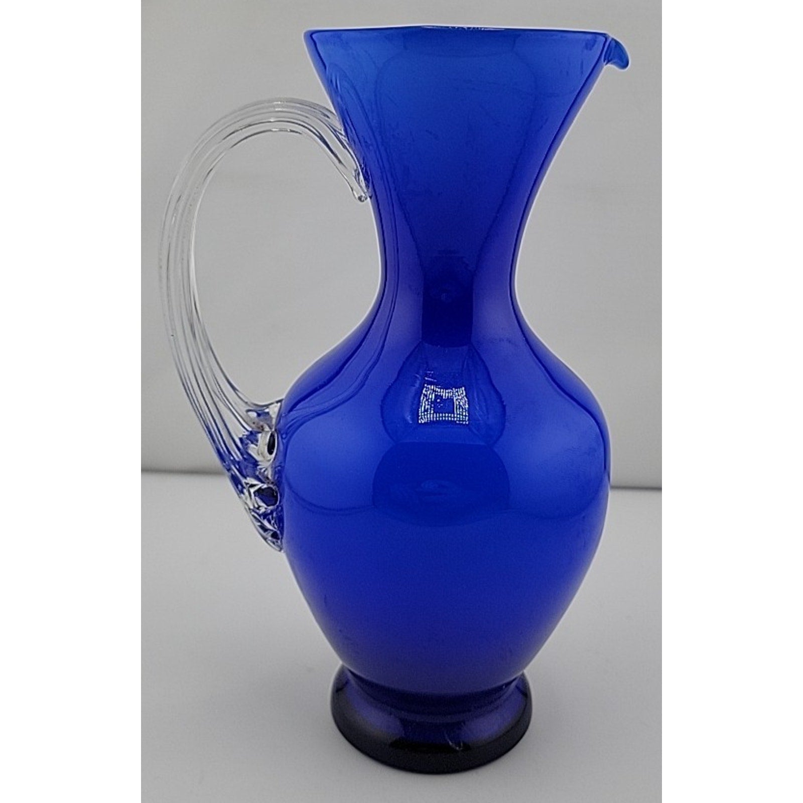 Contemporary Studio Art Glass Cobalt Blue Applied Clear Handle Vase Pitcher