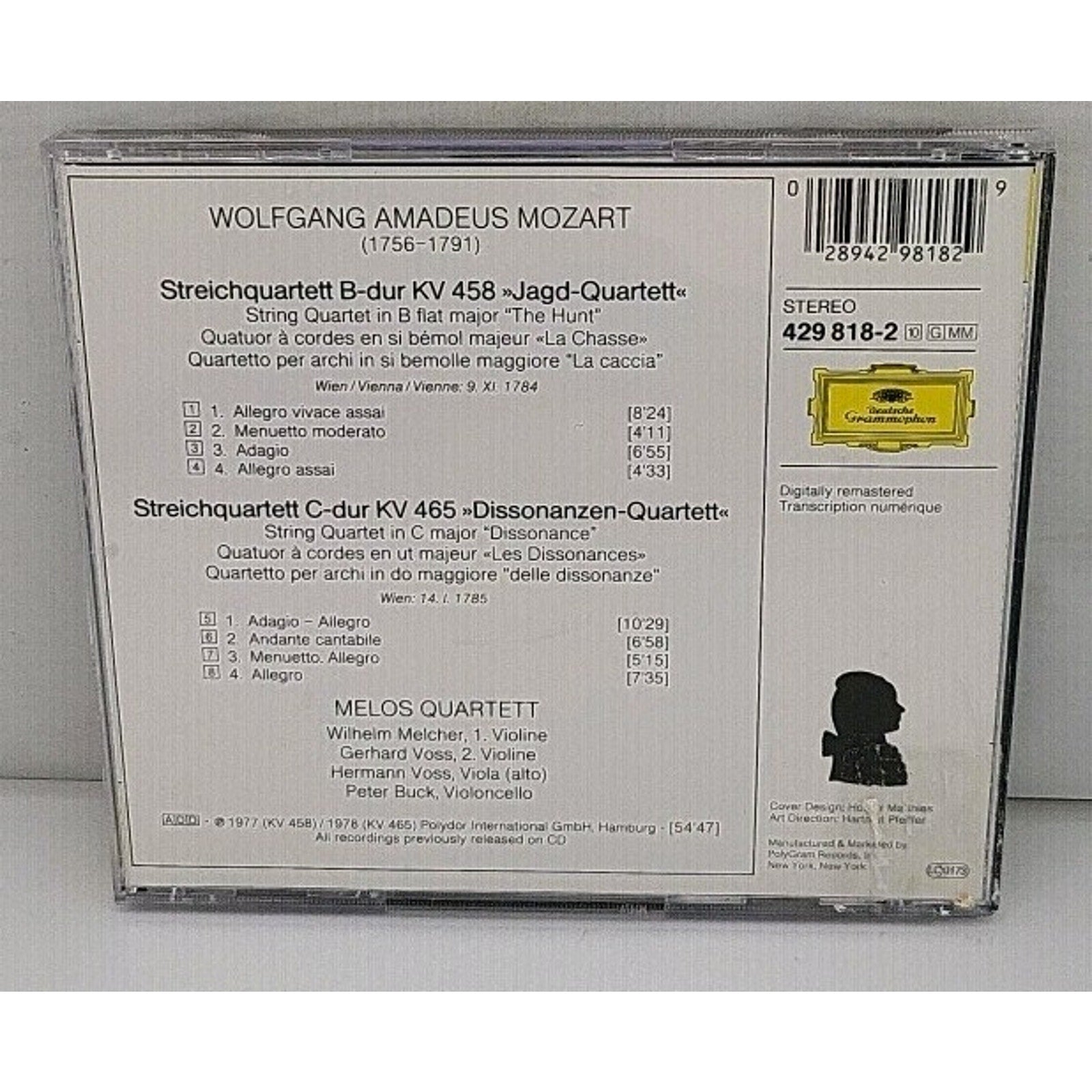 MOZART: String Quartets "The Hunt", "Dissonance" / Melos-Quartett (CD, DG)
