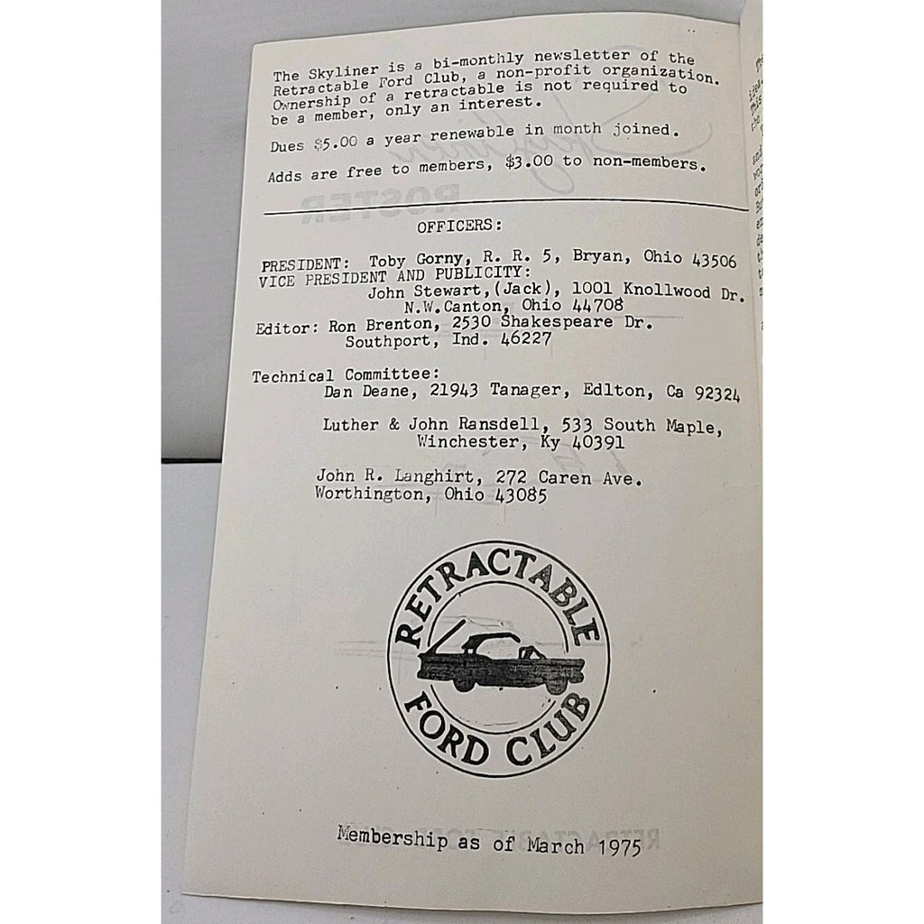 The Skyliner Roster - Retractable Ford Club - 1975