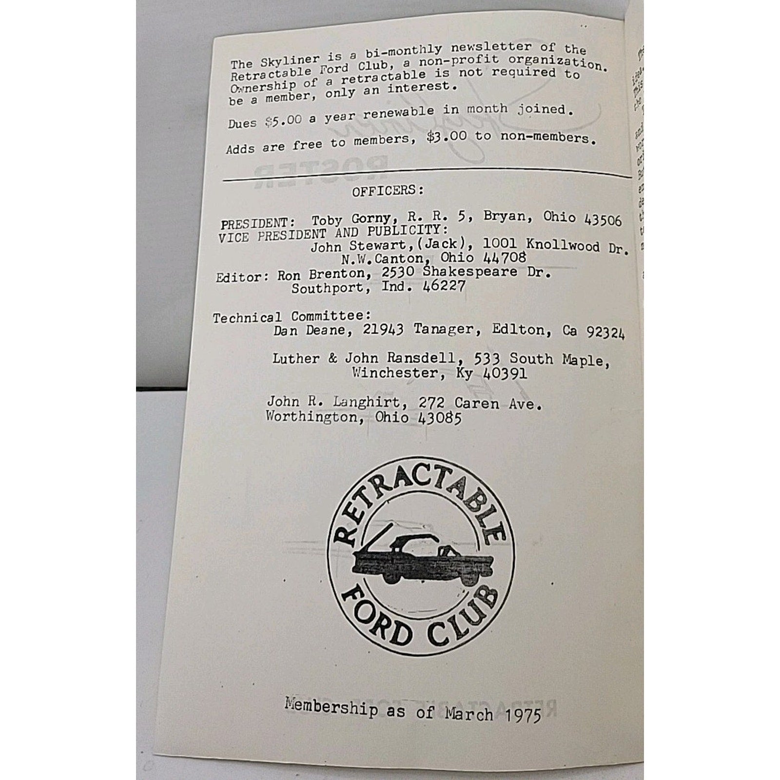 The Skyliner Roster - Retractable Ford Club - 1975