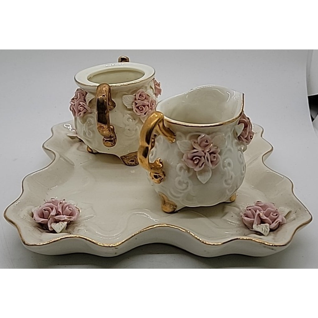 Cracker Barrel Ivory Porcelain 4pc Tea Set Pink Roses & Gold Trim