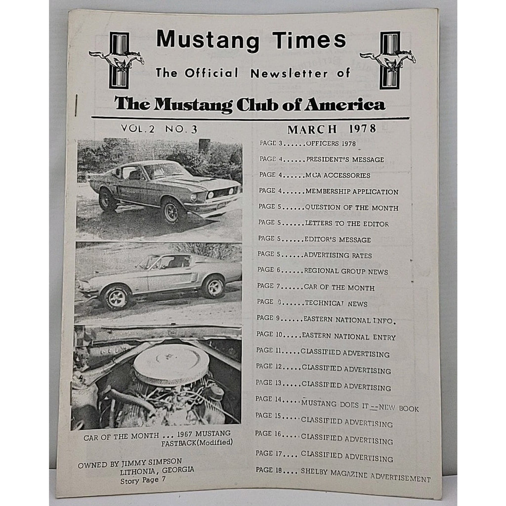Mustang Times Newsletter - Mustang Club Of America - March 1978 - Vol. 2 No. 3