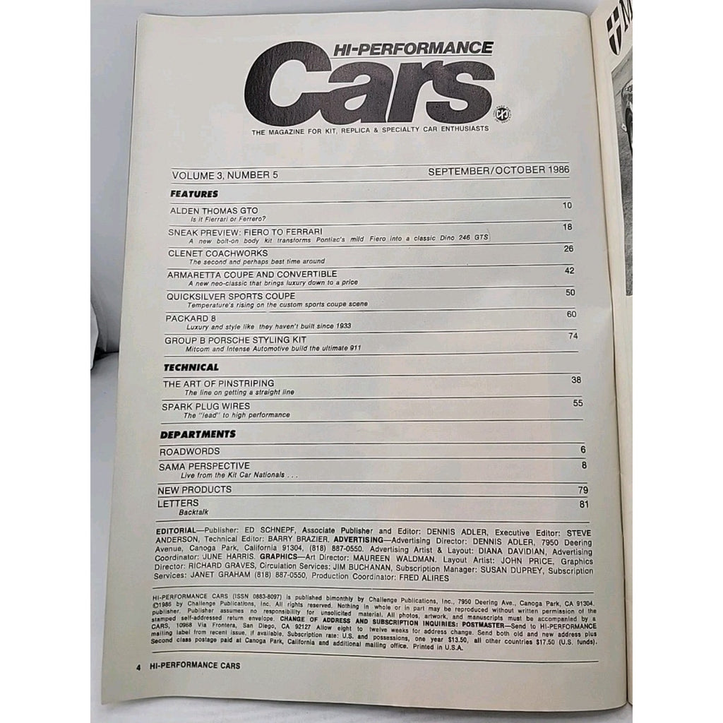 Cars Hi-Performance Magazine September/October 1986 Volume 3 Number 5