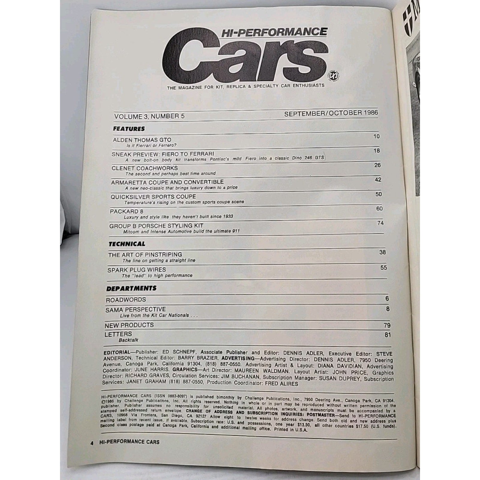 Cars Hi-Performance Magazine September/October 1986 Volume 3 Number 5