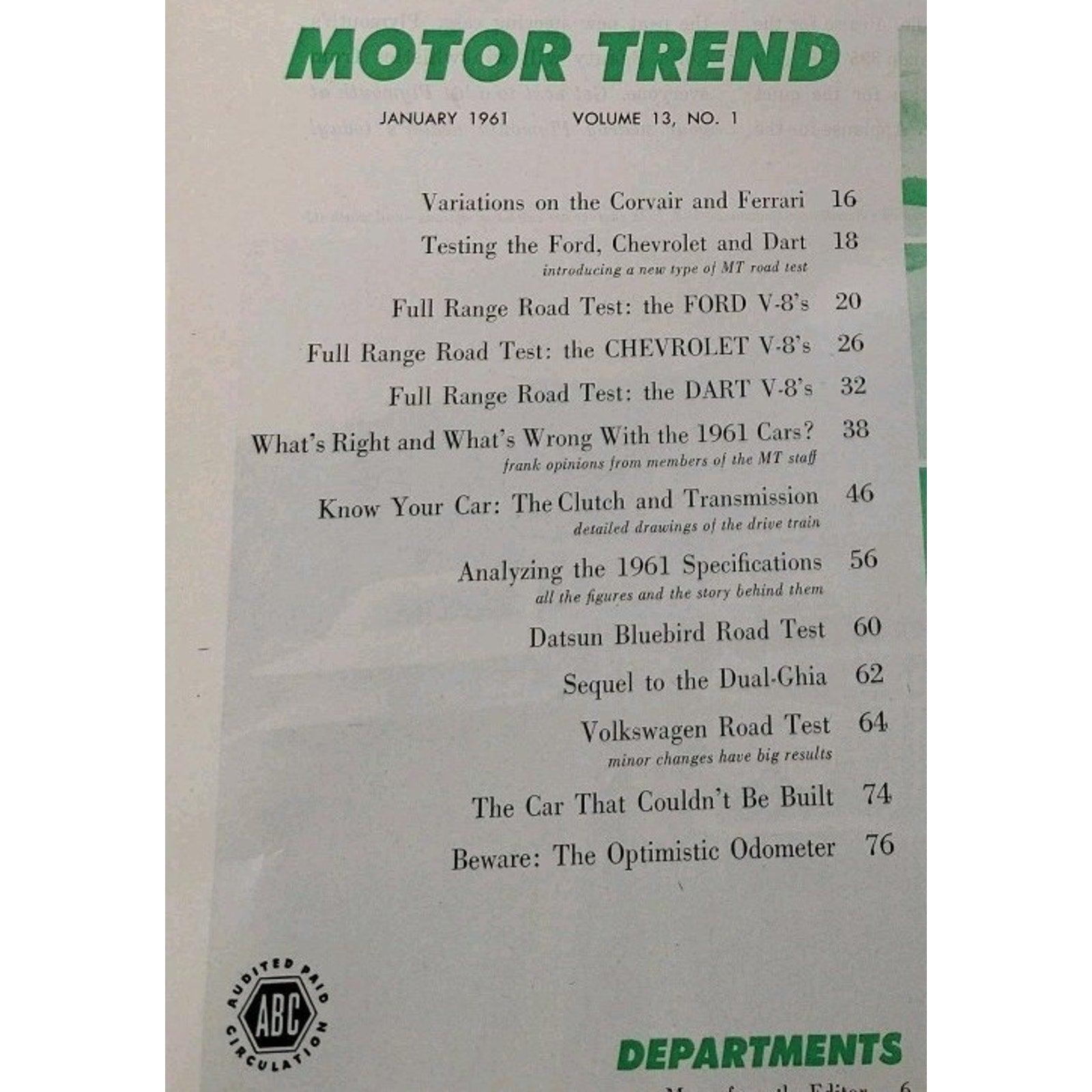 Motor Trend Magazine January 1961